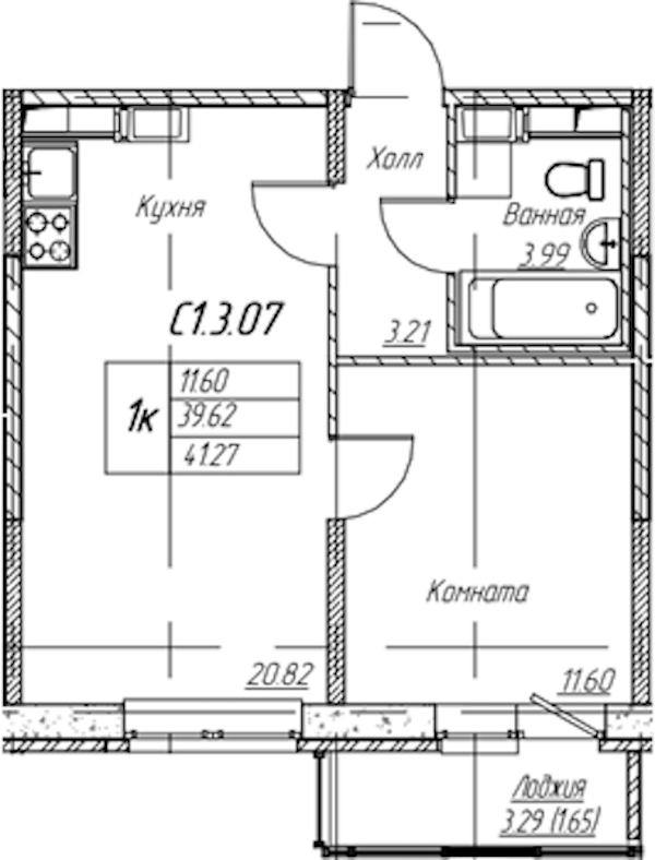 1-комнатная квартира 41.27 м², 3/22 эт., ЖК «Парк-квартал Юнтолово»